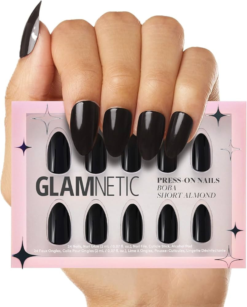 Glamnetic Press On Nails - Boba | Opaque Black Short Almond Nails, Reusable | 12 Sizes - 24 Nail ... | Amazon (US)