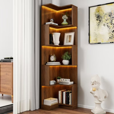 KTMBDW Corner Book Shelf, 5 Tier Corner Bookshelf Bookcase with Baffle, Freestanding L Shaped Display Shelf Stand for Home Office, Living Room, Brown | Target