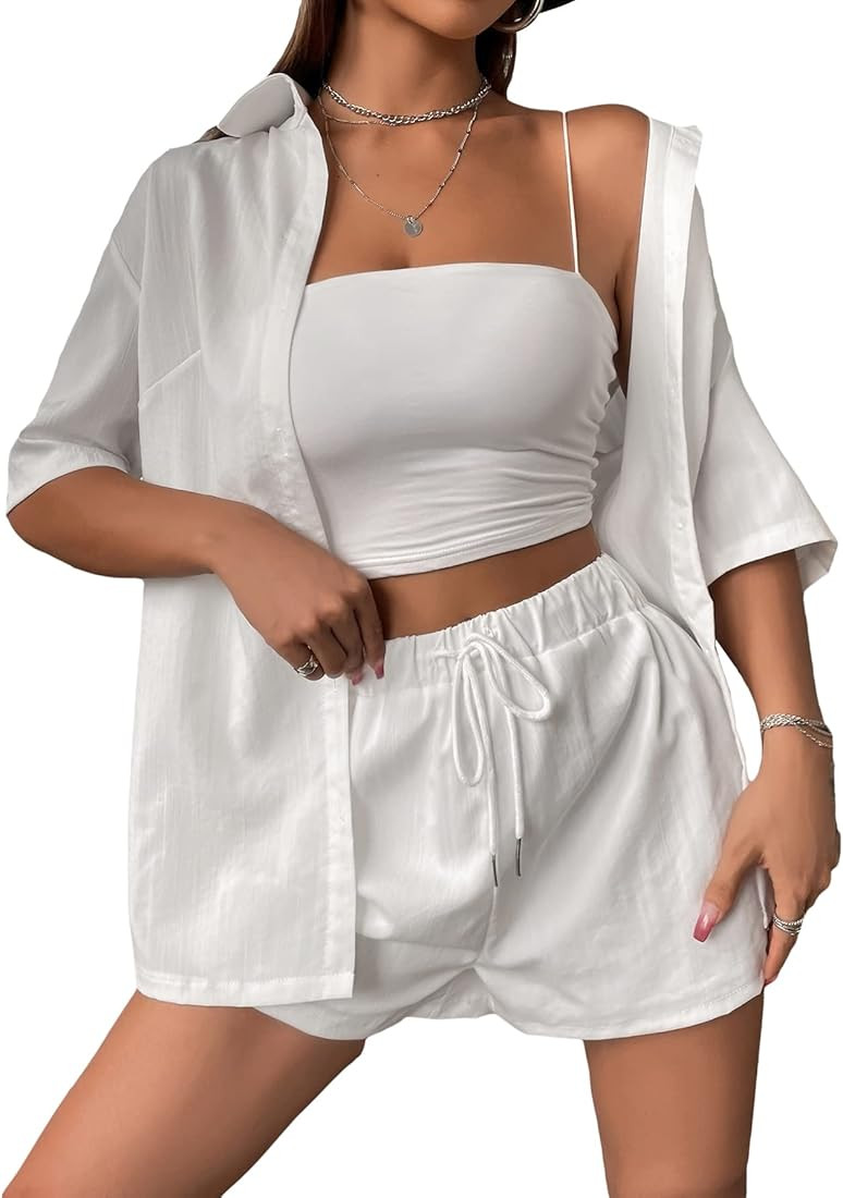 MakeMeChic Women's Casual 2 Piece Outfits Short Sleeve Button Down Shirt and Shorts Set | Amazon (US)