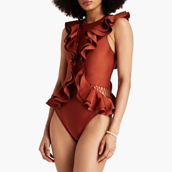 NWT - Zimmermann - Lattice-trimmed Ruffled One Piece Swimsuit - Brick | Poshmark