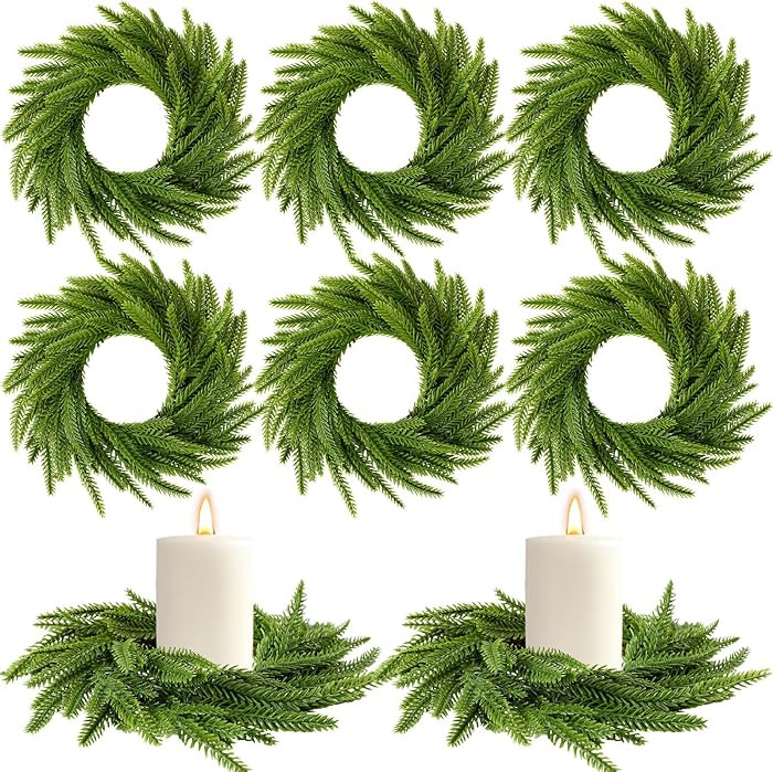 Dingion 6 Pcs Christmas Norfolk Pine Candle Ring Wreaths 6 Inch Small Christmas Wreath Garland Ar... | Amazon (US)