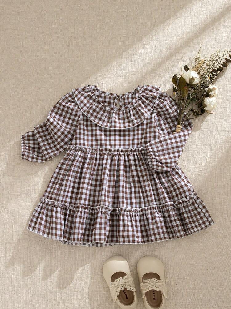 Souflis Souflis French Retro Brown Plaid Long Sleeve Peter Pan Collar Dress, Suitable For Outings, School, Gatherings, Parties And Other Occasions, Autumn/Winter Toddler Smock Dress Baby Vintage Dress Checkered Baby Clothes Baby Fall Dress | SHEIN