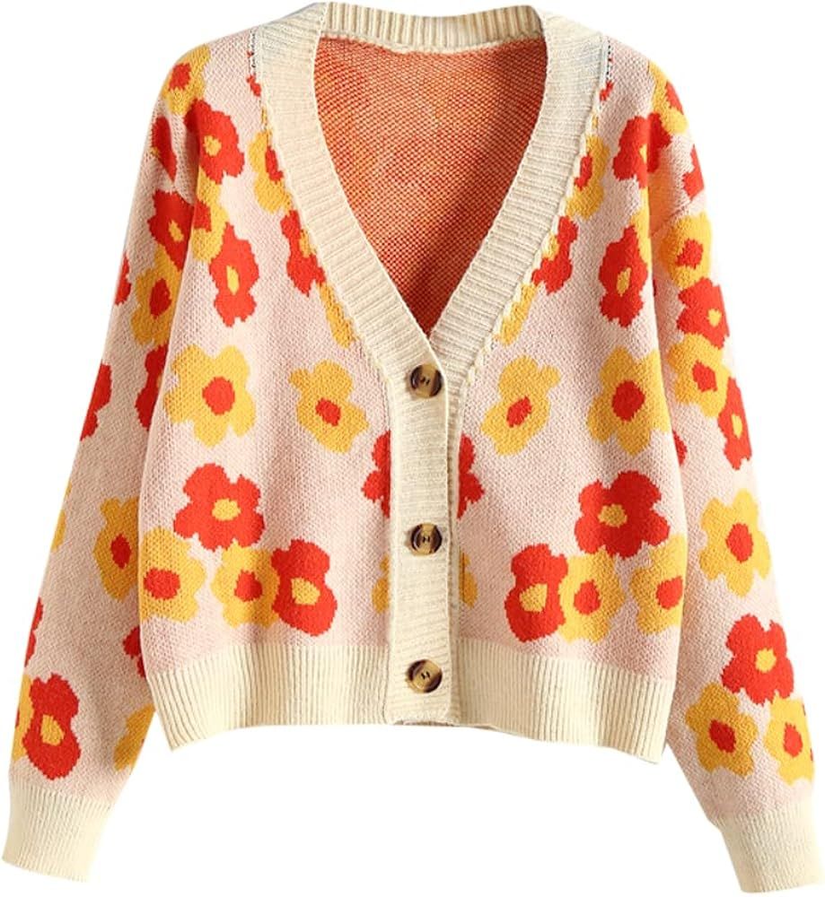 ZAFUL Women's Button Down Long Sleeve V-Neck Rib-Knit Cropped Cardigan Sweater | Amazon (US)