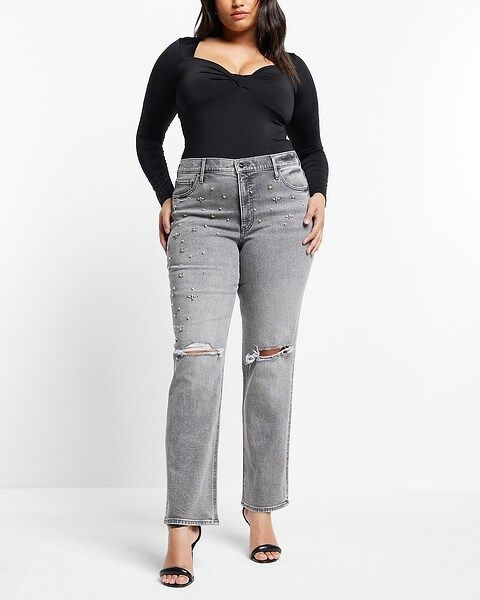 High Waisted Ripped Pearl Embellishment Modern Straight Jeans | Express