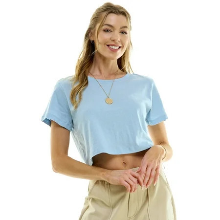 Women's Boxy Crop Top Round Neck Short Sleeve Casual 100% Cotton Cropped Tee T-Shirt, Light Denim, X-Large | Walmart (US)