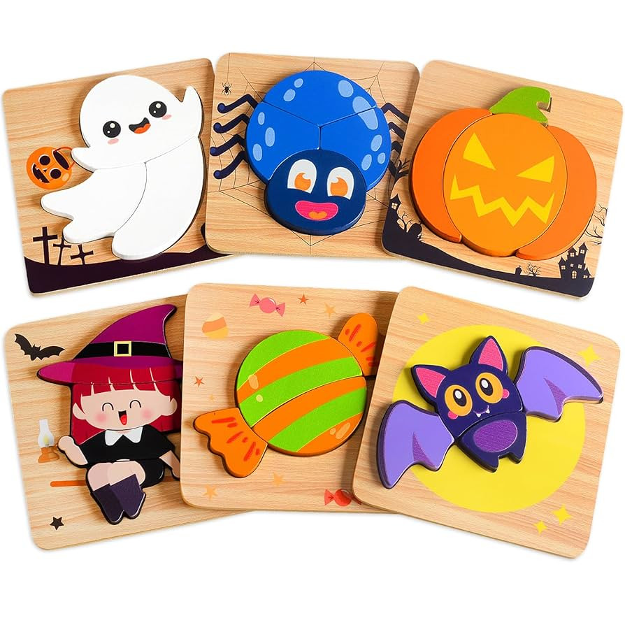 Halloween Wooden Puzzles Toys for Toddlers 1-3, Wooden Puzzles with Pumpkin, Bat, Ghost, Candy, W... | Amazon (US)