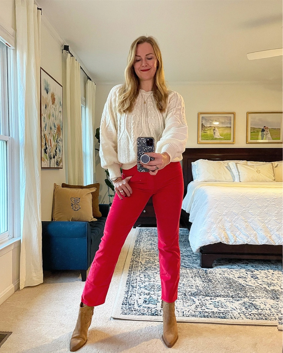 Holiday Party or a Christmas outfit idea Red corduroy pants with white knit sweater in fair isle crochet pattern

Sweater ships quick and comes in multiple colors

Wearing my normal size in both top & bottom

Paired with suede brown pointed toe boots

#LTKSeasonal #LTKHoliday