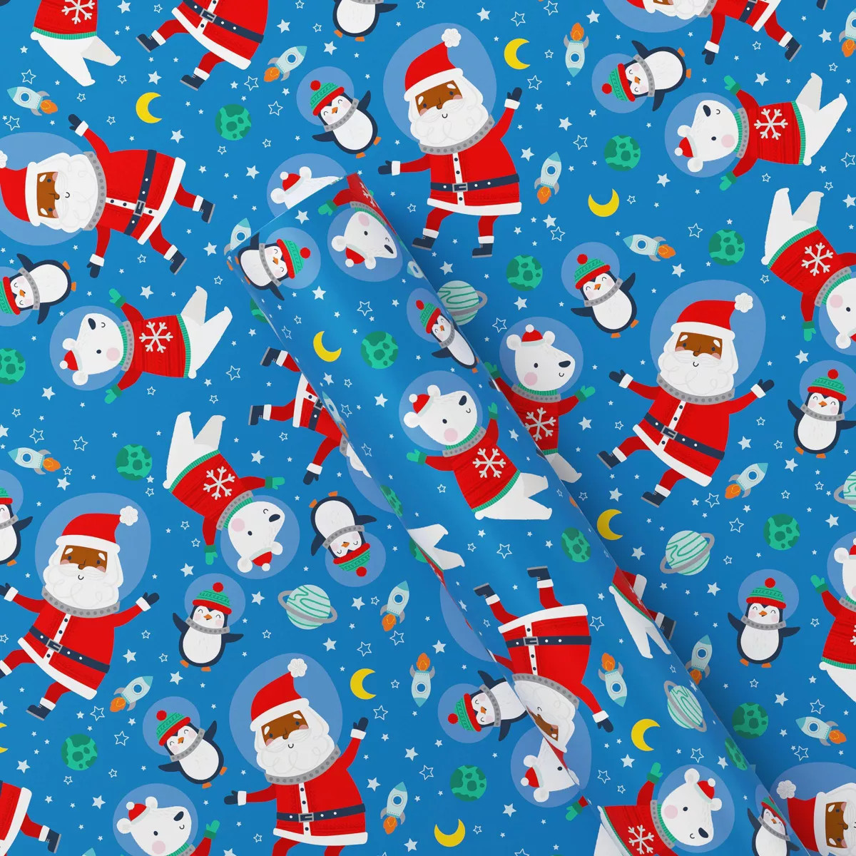 50 sq ft Santa and Friends in Space Christmas Gift Wrap Blue - Wondershop™ | Target