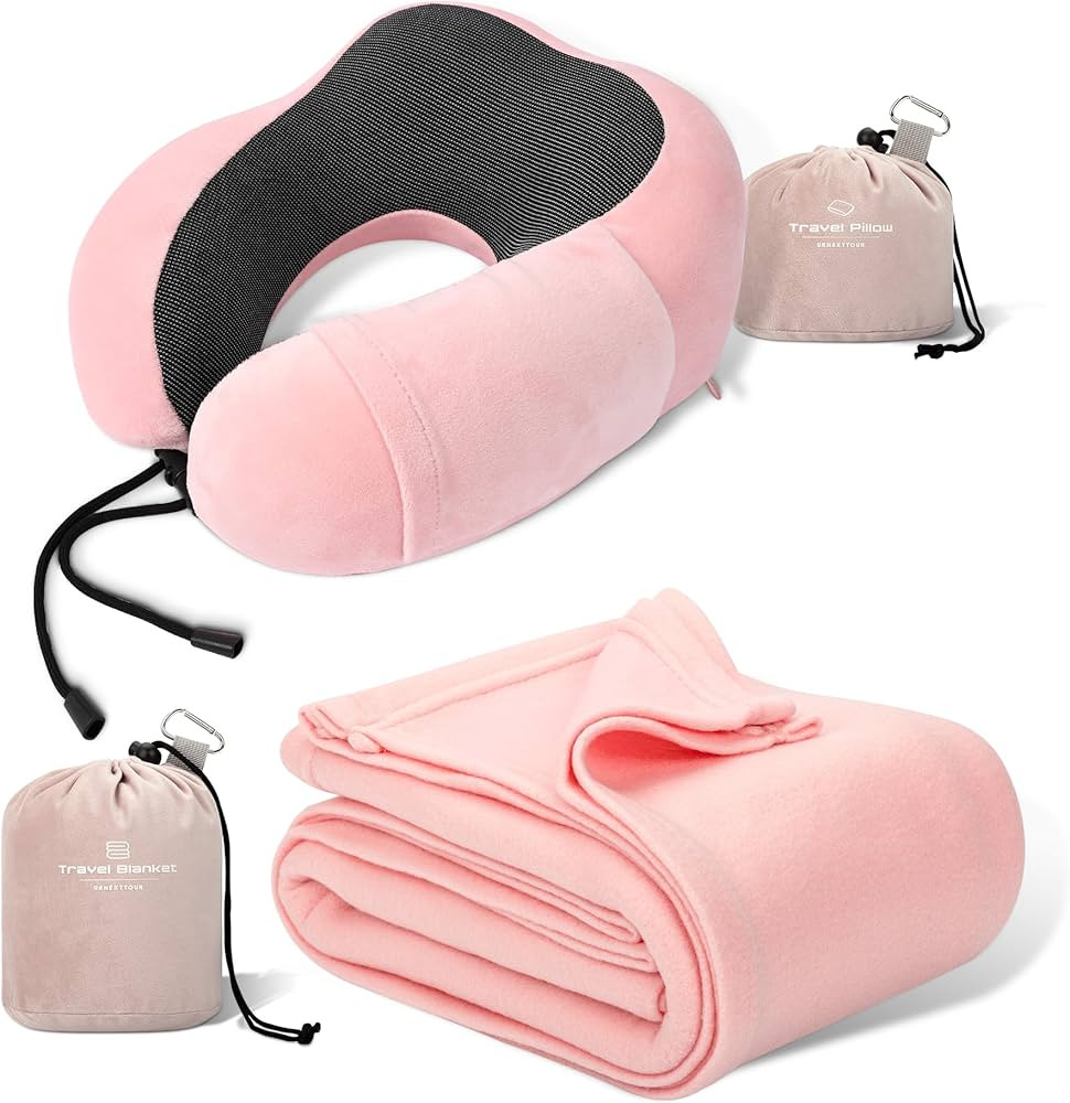 Pink Travel Neck Pillow and Blanket Set for Airplane Travel Essentials Womens Memory Foam Neck Pi... | Amazon (US)