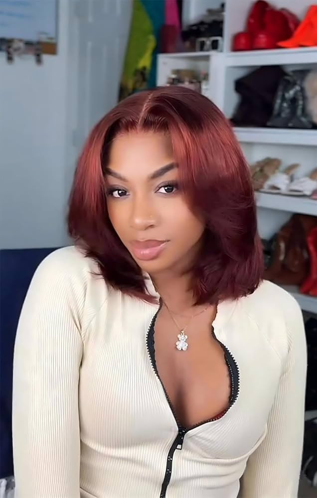 ISEE Reddish Brown Glueless Bob Wig Human Hair Layered Yaki Wave 12 Inch | Amazon (US)