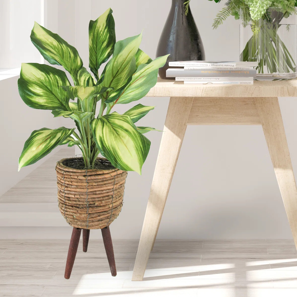 28'' Faux Hosta Plant in Basket | Wayfair North America