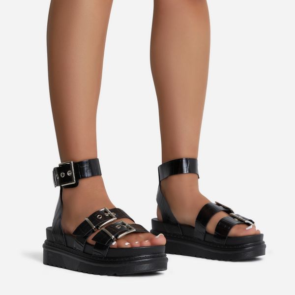 Puerto Cross Strap Buckle Detail Chunky Sole Platform Flat Gladiator Sandal In Black Faux Leather | Ego Shoes (UK)