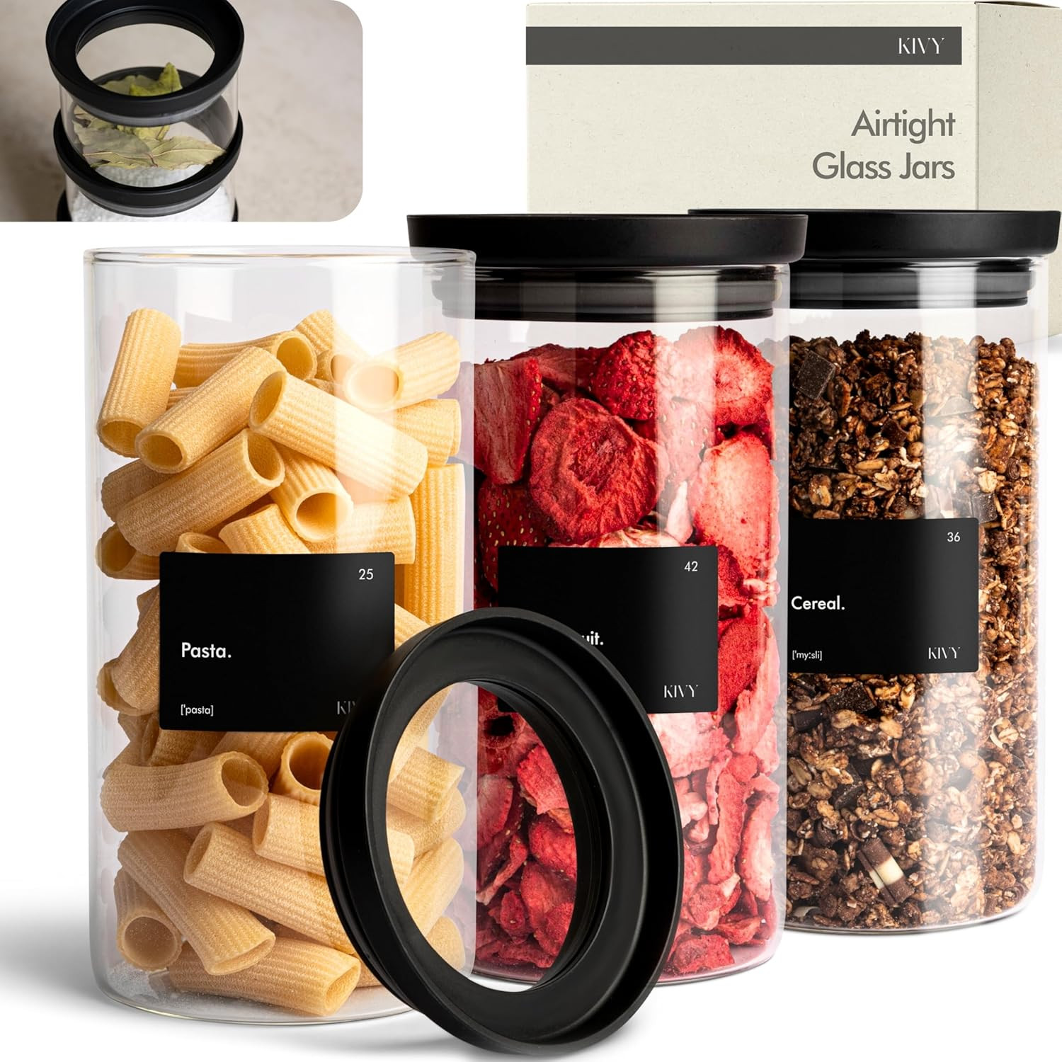 KIVY Airtight Glass Jars with Lids & Labels [3x 40oz] Stackable Glass storage jars with airtight ... | Amazon (US)