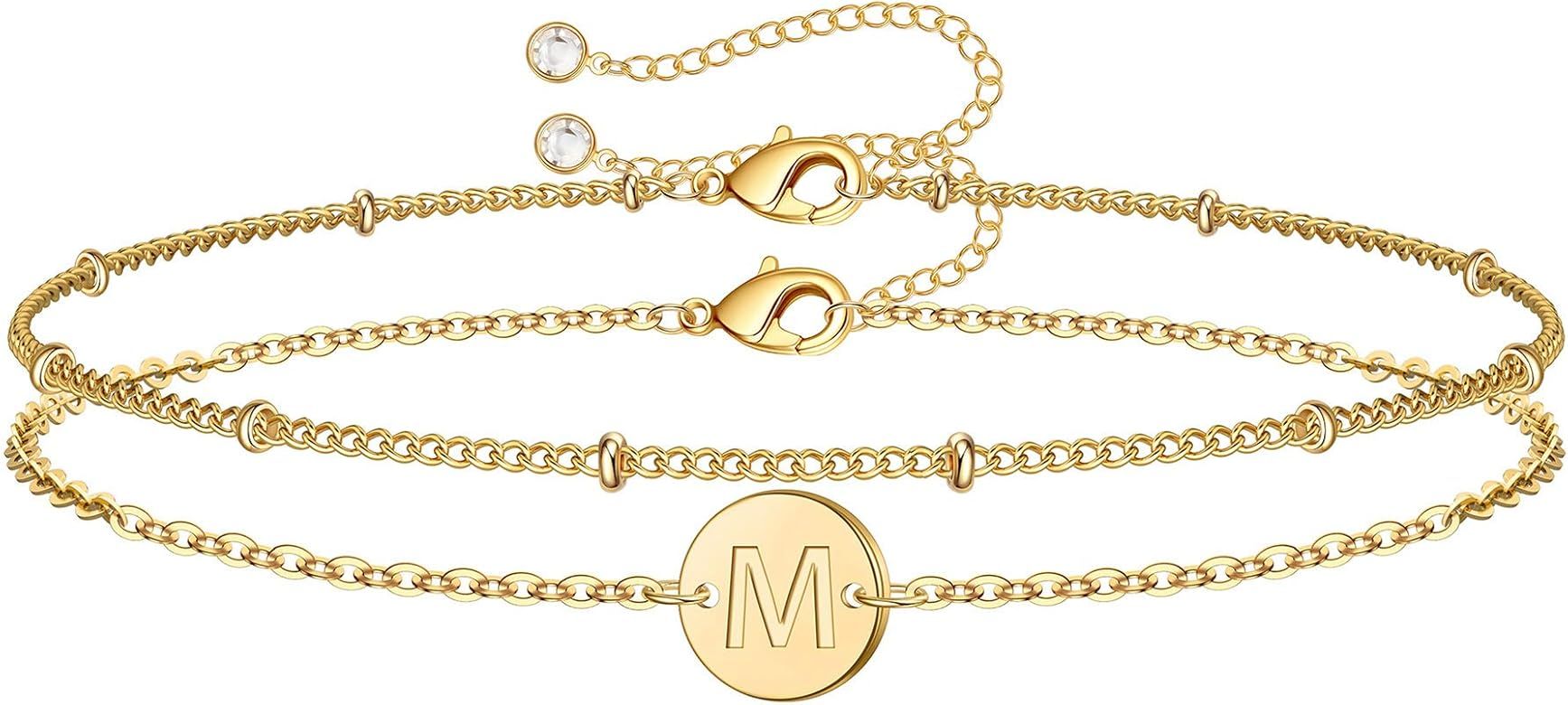 Gold Initial Bracelets for Women Girls, Dainty 14K Gold Filled Layered Beaded Letter Initial Brac... | Amazon (US)
