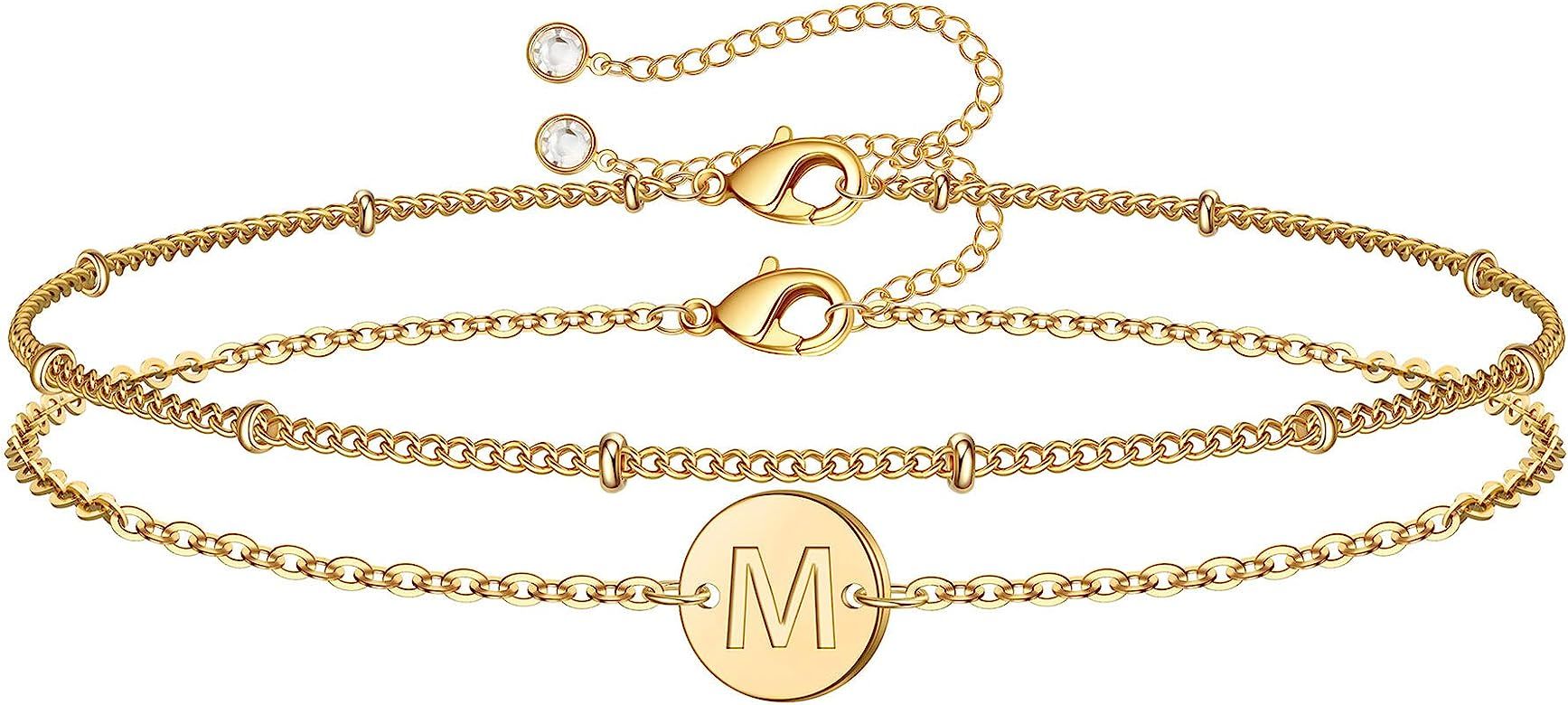 Gold Initial Bracelets for Women Girls, Dainty 14K Gold Filled Layered Beaded Letter Initial Brac... | Amazon (US)