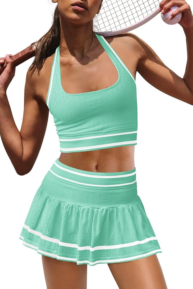 Panadila Women 2 Piece Tennis Skirt Sets Workout Set Halter Sports Bra and Golf Skort Athletic Ou... | Amazon (US)