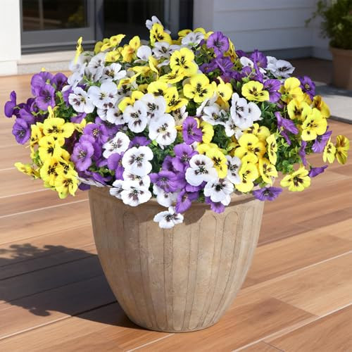 PABREY 18 Pcs Artificial Flowers for Outdoors, UV Resistant Faux Silk Pansy Flowers, Spring Summer Fake Flowers Plants for Front Porch Yard Patio Planter Garden Home Decor (Purple, Yellow, White) | Amazon (US)