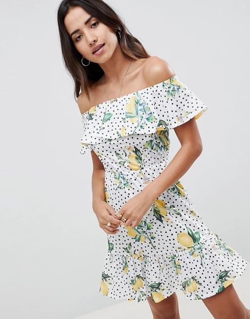 ASOS DESIGN off shoulder sundress with tiered skirt in lemon print | ASOS UK