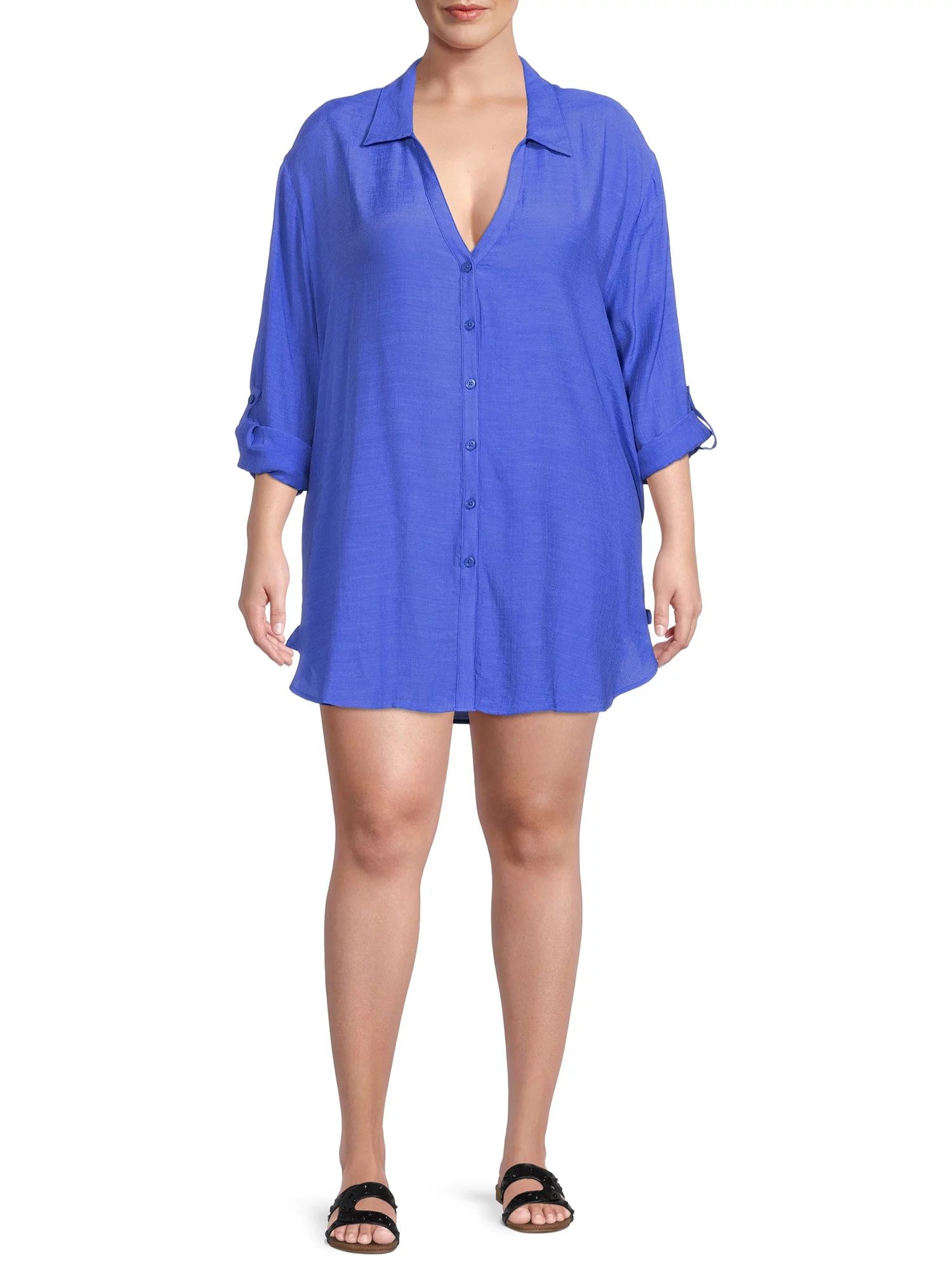 Time and Tru Women's and Women's Plus Size Button Front Shirt Cover Up | Walmart (US)