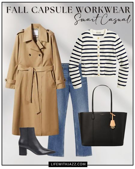 Smart casual fall workwear outfit with boots 

Mango trench on sale

Striped sweater jacket, Jeans, boots, office outfit, classic style, minimalist style 

#LTKworkwear #LTKSeasonal #LTKsalealert