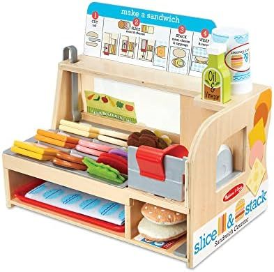 Melissa & Doug Wooden Slice & Stack Sandwich Counter with Deli Slicer – 56-Piece Pretend Play F... | Amazon (US)