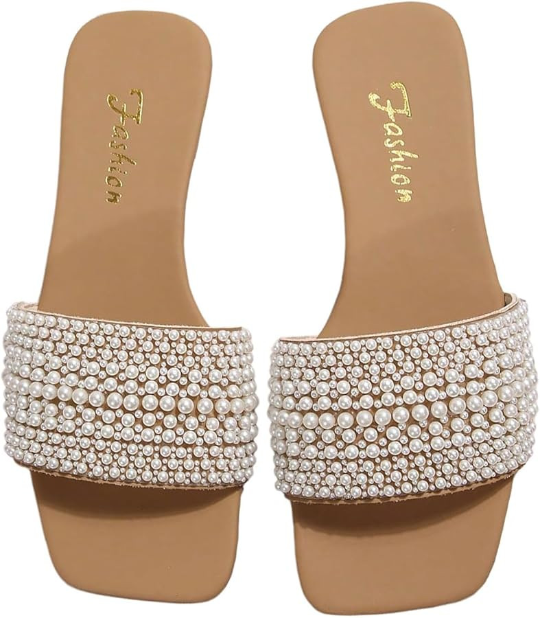 OYOANGLE Women's Pearl Square Toe Sandals Open Toe Flat Slip On Slides     Dressy Fancy Sandal, C... | Amazon (US)