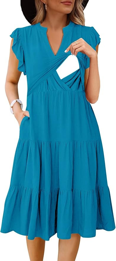 Womens Nursing Midi Dress Breastfeeding Summer Ruffle Sleeveless V Neck Tiered Beach Sundress wit... | Amazon (US)