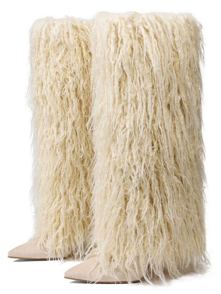 Women Furry Knee High Boots Stiletto High Heel Snow Boots Pointed Toe Fold Over Fashion Luxury Elegant Winter Fall Long Boots | SHEIN