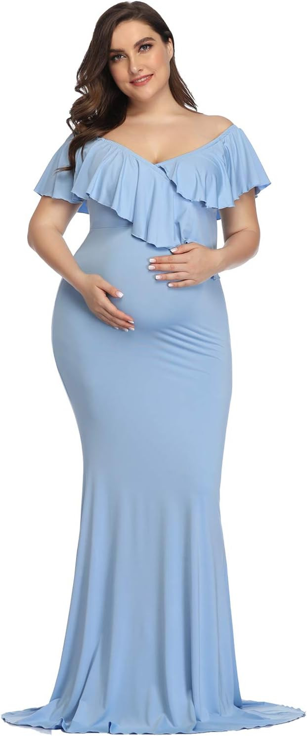 YnimioAOX Maternity Long Dress Ruffles Elegant Maxi Photography Dress Stretchy Slim Gowns for Pho... | Amazon (US)