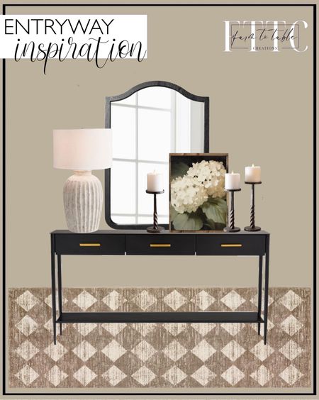 Entryway Inspiration. Follow @farmtotablecreations on Instagram for more inspiration.

Anders Tall Terra Cotta Table Lamp. West Elm Metalwork Console. 20" x 30" Shield Wall FSC Ash Wood Mirror Black - Threshold designed with Studio McGee. White Hydrangea Canvas Printed Sign. Easton Forged-Iron Pillar Candleholder. Lahome Moroccan Treills Runner Rug - 2x6 Beige Washable Rug. Console Table Styling. Entryway Decor. Affordable Home Finds  