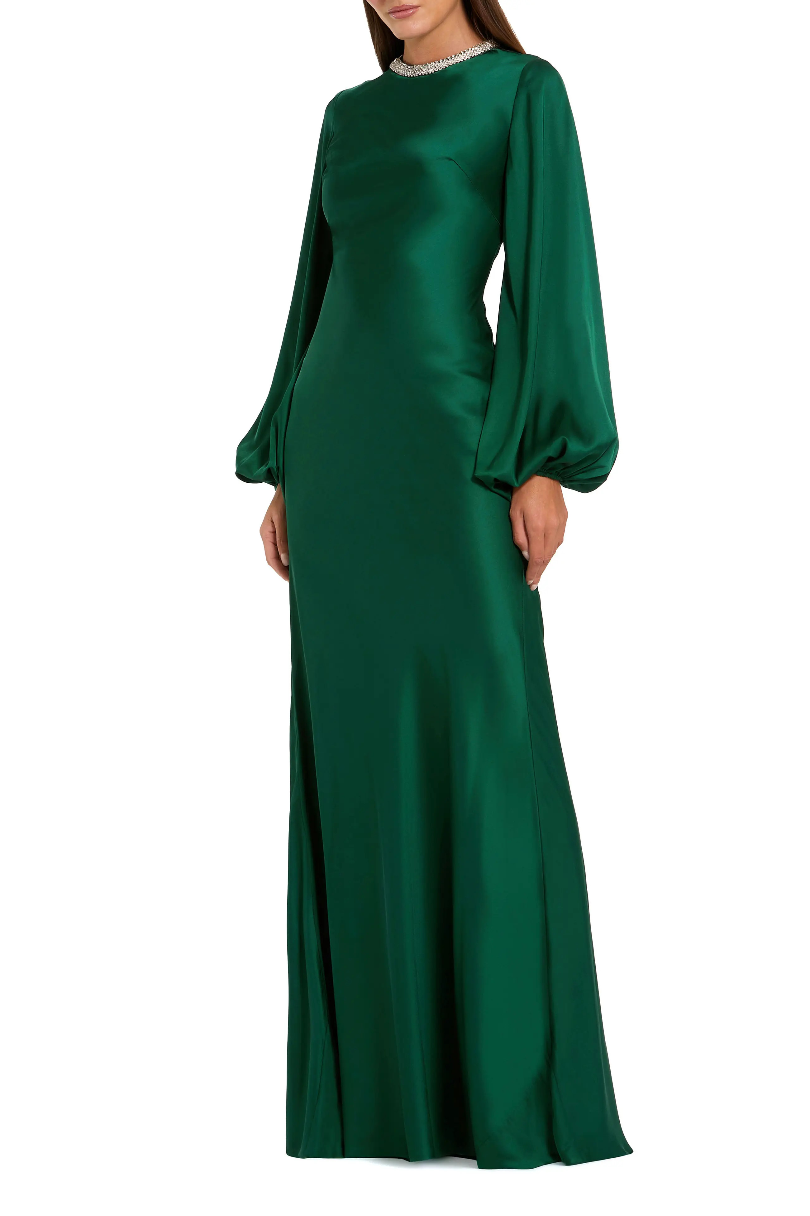 Mac Duggal Beaded High Neck Bishop Sleeve Satin Gown in Emerald at Nordstrom, Size 14 | Nordstrom