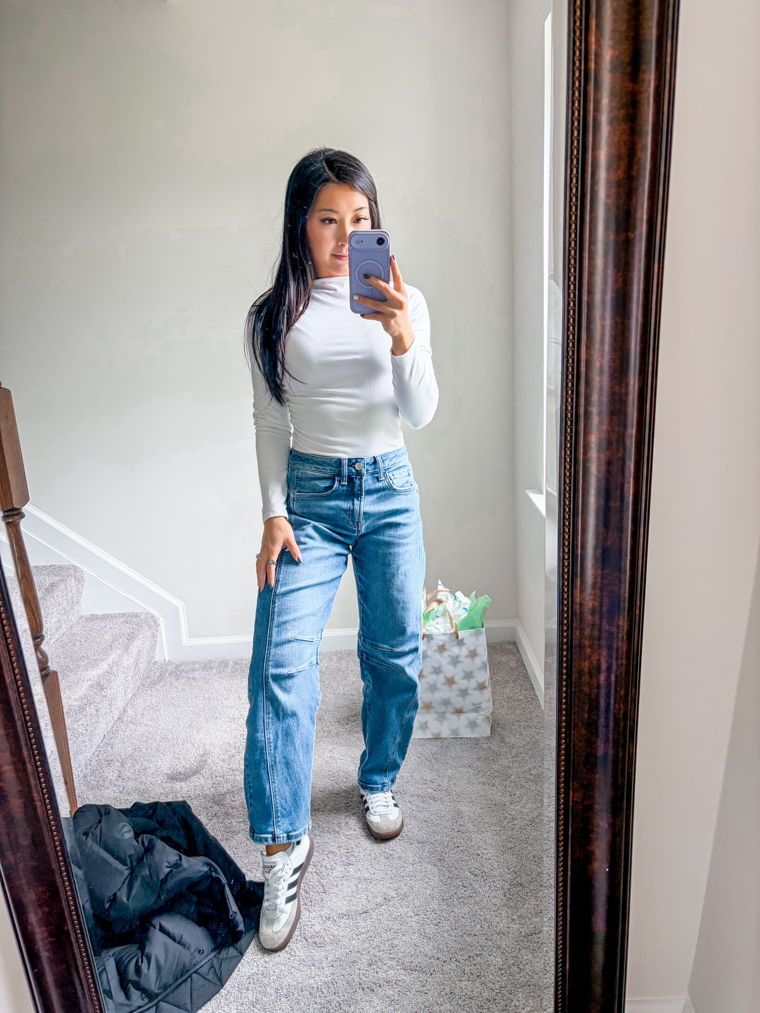 Aritzia long sleeve- size small or medium, both fit
Vici collection- barrel leg jeans, size 24
Adidas sambas- size 5, size down

#LTKootd #LTKmomlife #LTKPetite
