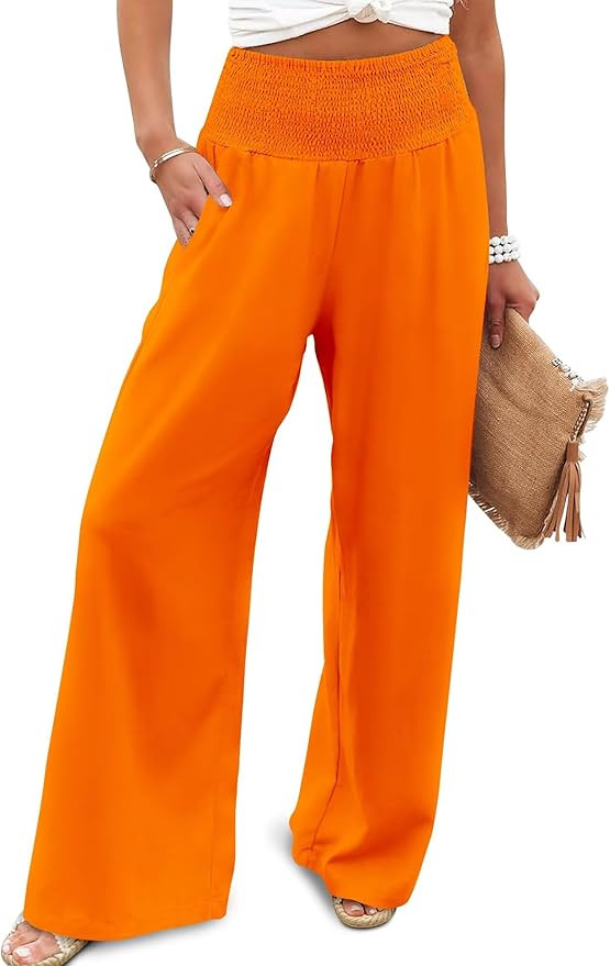 Womens Wide Leg Pants Elastic High Waisted Palazzo Pants Summer Flowy Casual Trousers Beach Trave... | Amazon (US)