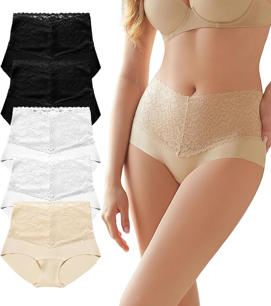 SHARICCA High Waist Lace Underwear for Women Seamless Sexy Panties Ladies Stretch Full Coverage B... | Amazon (US)