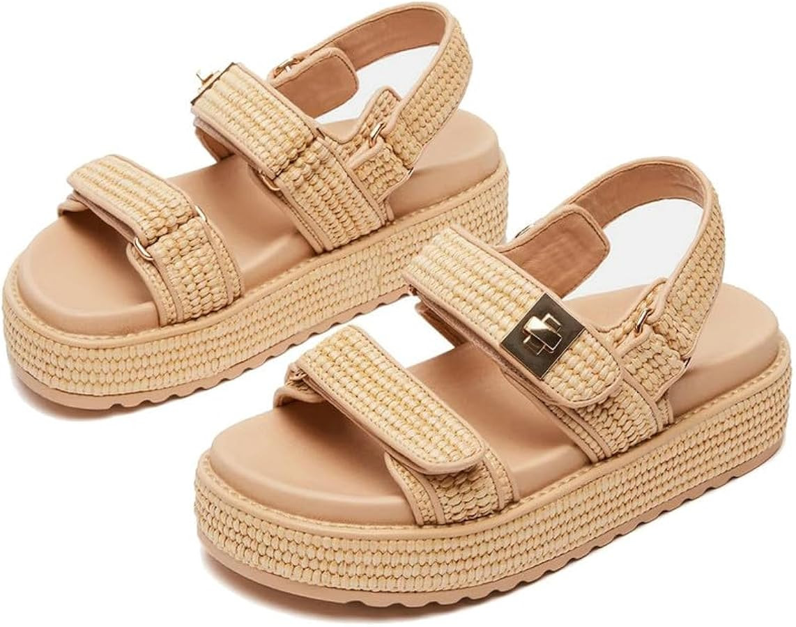 Raffia Sandals Women Beach Wedge Sandals Platform Espadrille Sandals for Ladies Chunky Heel Croch... | Amazon (US)