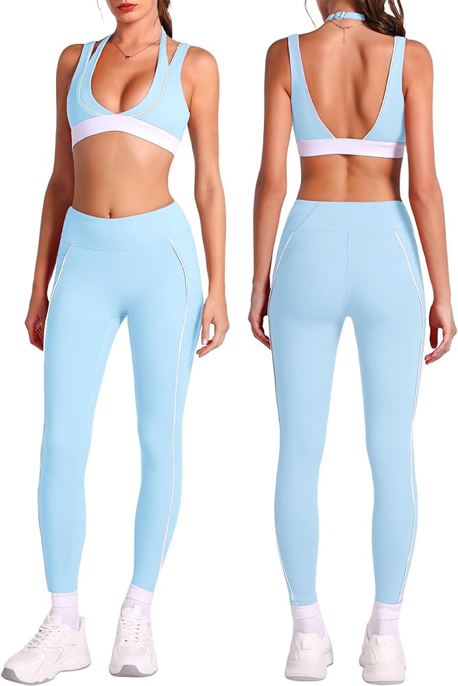ABOCIW Workout Sets for Women Layered V Neck Halter Sports Bra High Waist Leggings with Pockets Y... | Amazon (US)