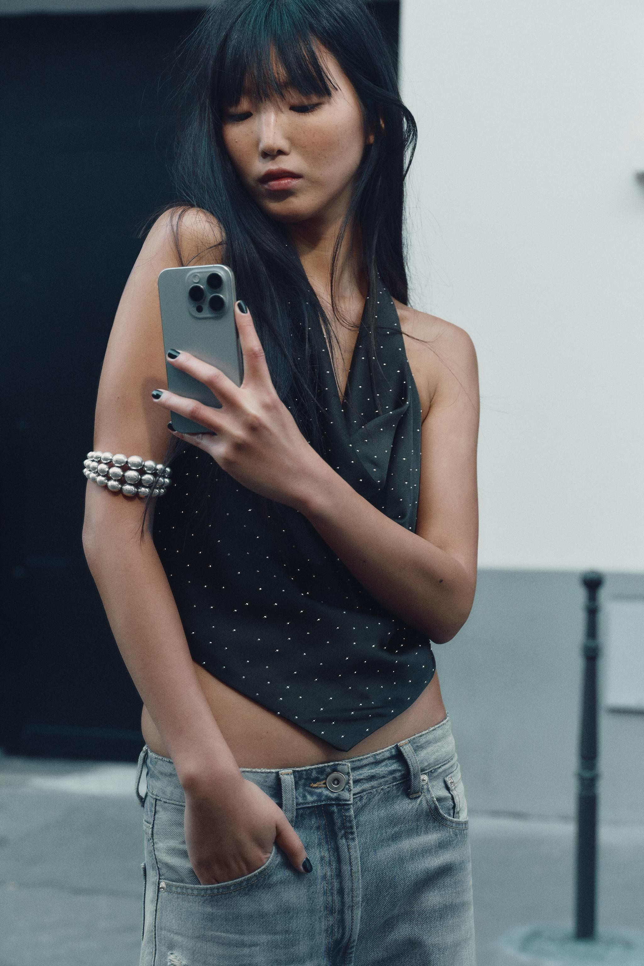 RHINESTONE SATIN EFFECT HALTER TOP | Zara US