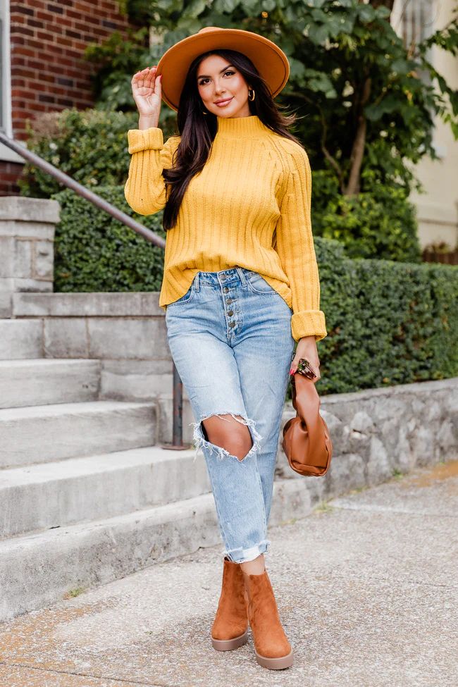 Letting You Go Mustard Chenille Turtleneck Sweater | Pink Lily