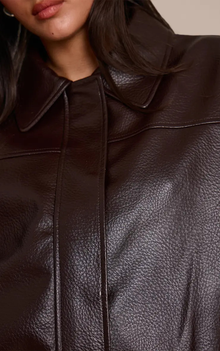 Chocolate Faux Leather Covered Placket Bomber Jacket | PrettyLittleThing USA | PrettyLittleThing US