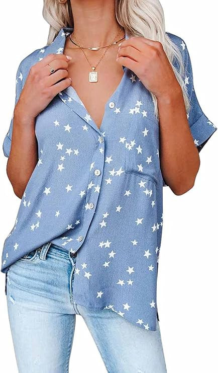 AZOKOE Women Summer Casual V Neck Button Down Loose Blouses Tops | Amazon (US)