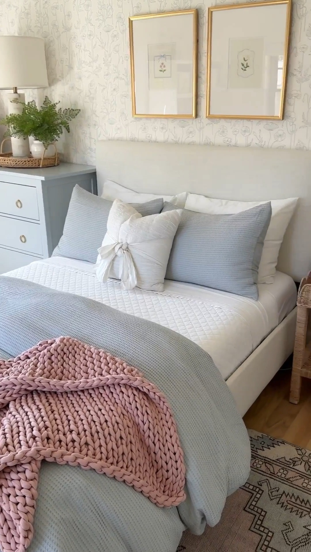 Shop my daughters, soft blue, white and blush pink bedroom! I love her blue and white floral wallpaper from Serena and Lily and her layered bedding with blue waffle duvet cover. Her throw blanket is a chunky weighted blanket for kids from Bearaby and it helps her calm down and fight nighttime worries. I warmed up the space with this scalloped woven nightstand from Serena and Lily and was worth the splurge!

#LTKHome #LTKKids