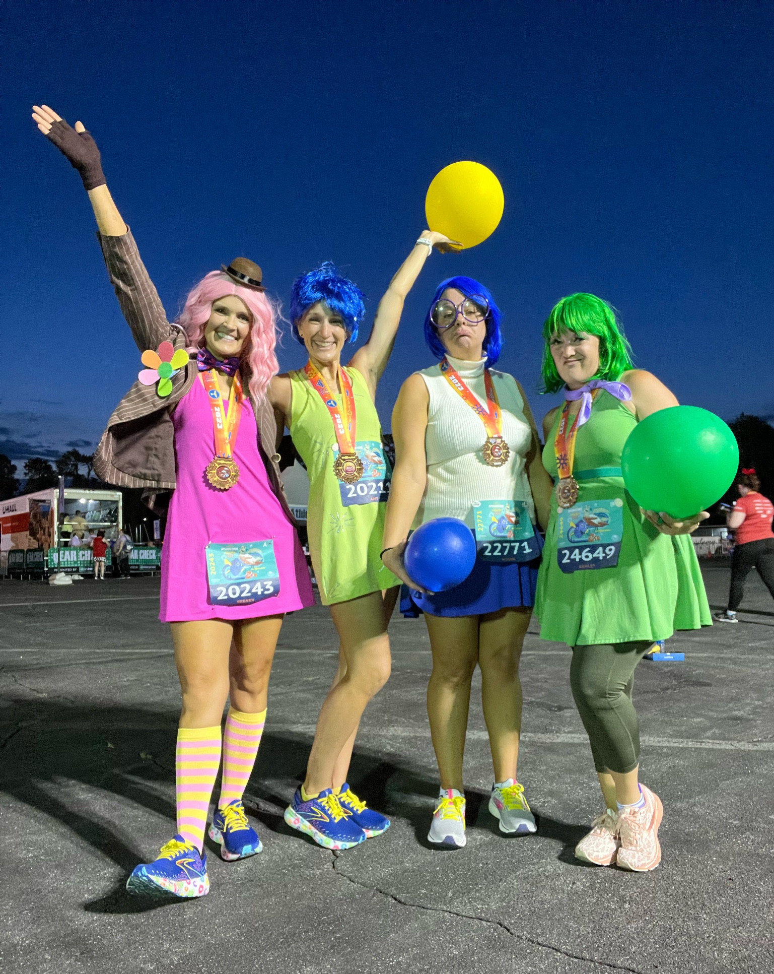 RunDisney races costume or Halloween costume ideas! Inside Out group costume with Bing Bing, Joy, Sadness and Disgust.

Inside Out costumes | Inside Out athletic wear | running costume | race costume