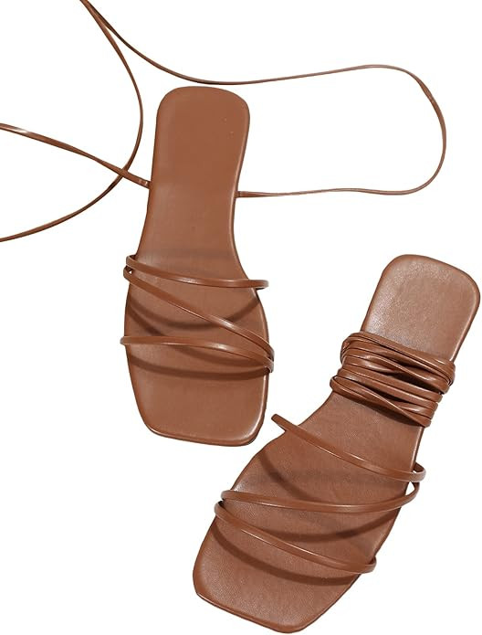 GORGLITTER Lace Up Strappy Flat Sandals Ankle Wrap Open Toe Leather Slide Shoes | Amazon (US)