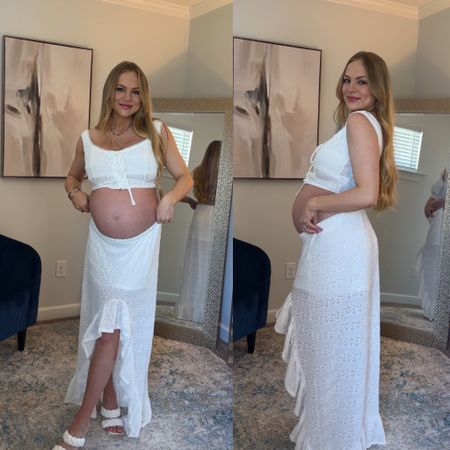 Maternity photoshoot outfit
Pregnant
Bump friendly
White lace skirt set 
White braided heels 
Summer maternity 
Outdoor photoshoot 

#LTKStyleTip #LTKShoeCrush #LTKBump