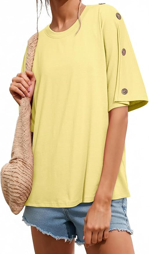 Dokotoo Women's Short Sleeve Crew Neck Tops Button Casual Summer Oversized T Shirts Soft Blouses | Amazon (US)
