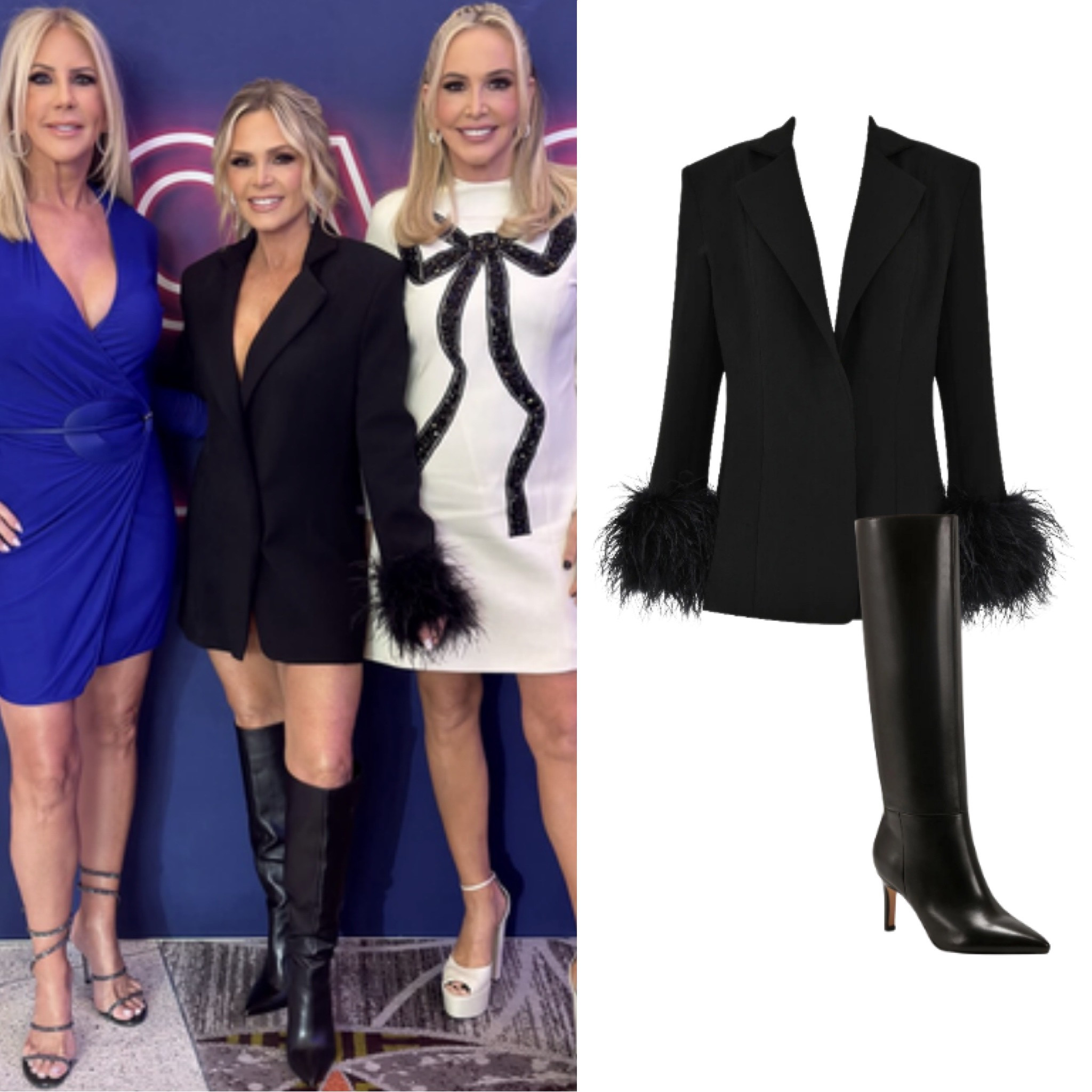 Tamra Judge’s Black Feather Blazer Dress + Boots 📸= @tamrajudge 