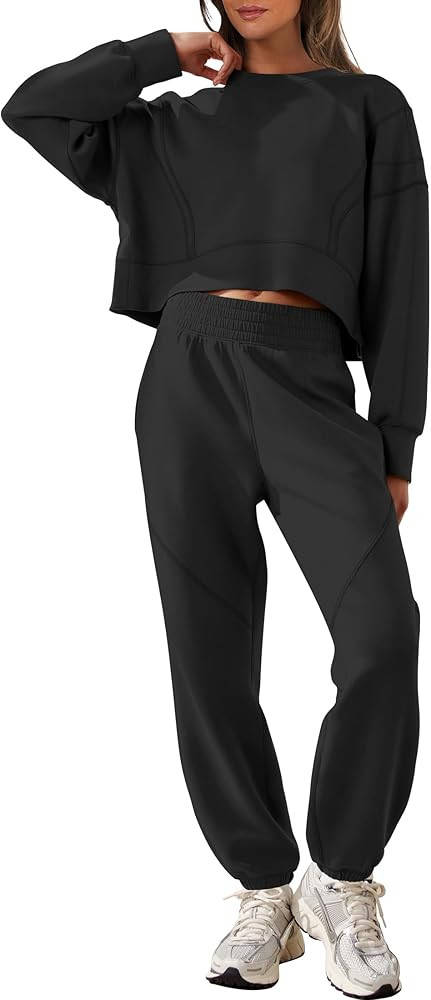 ANRABESS Womens 2 Piece Outfits Lounge Sets Cropped Sweatshirt & Joggers Fashion Sweatsuit Sweat ... | Amazon (US)