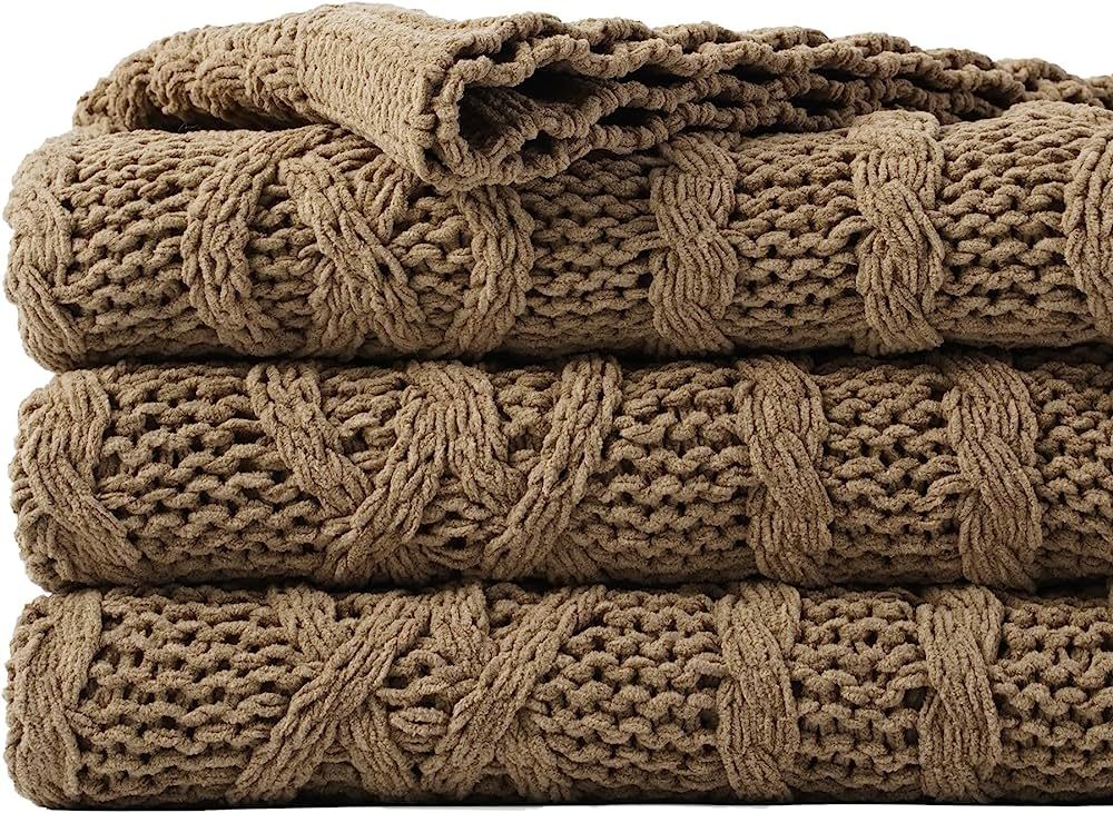 Battilo Camel Tan Throw Blanket for Couch,51"x67", Cable Chenille Knitted Throw Blankets for Bed,... | Amazon (US)