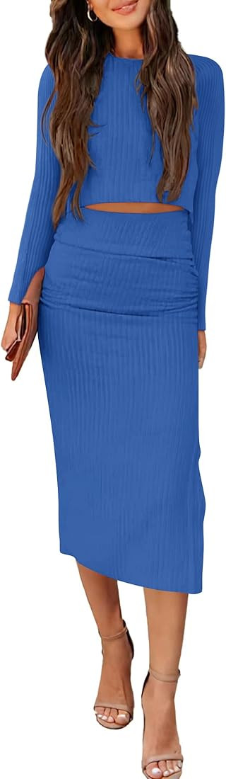 PRETTYGARDEN Womens 2024 Fall 2 Piece Outfits Track Suits Long Sleeve Crop Tops Bodycon Midi Skir... | Amazon (US)