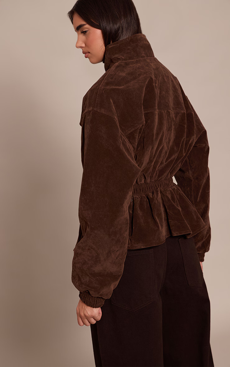 Chocolate Faux Suede High Neck Cinched Waist Jacket | PrettyLittleThing UK